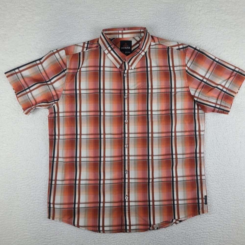 PrAna Shirt Mens Large Dark Orange Black Plaid Casual Outdoor Hiking Button Up